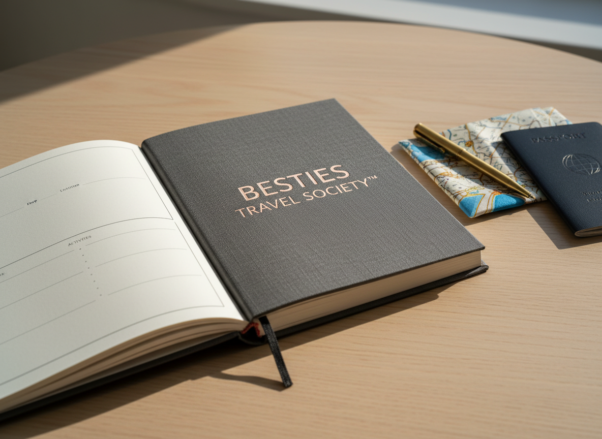 An elegant, hardbound travel journal with a textured linen cover in deep charcoal grey, embossed in metallic rose-gold lettering with “Besties Travel Society™” on the front. The journal is opened to a clean, ivory page with a minimalist itinerary layout, resting on a smooth, light oak table. Beside it lies a slim brass pen, a folded silk-patterned map, and a sleek black passport. Soft morning light from an unseen window casts refined highlights on the metallic embossing and subtle shadows along the page edges. Photographic realism with a clean, modern aesthetic, captured at a slightly elevated angle with shallow depth of field, creating a sophisticated, aspirational mood perfect for a curated group travel brand.