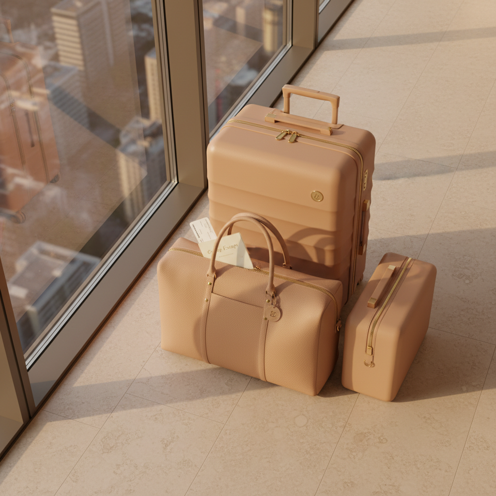 A meticulously arranged flat lay of coordinated luxury luggage: a matte sand-colored hard-shell suitcase, a matching leather weekender bag, and a compact carry-on cube, all featuring subtle gold zippers and understated logo tags. They rest on a pale stone floor near a large floor-to-ceiling window framing an out-of-focus city skyline. Golden hour sunlight spills in, creating long, soft shadows and a warm, refined glow across the scene. A folded itinerary card labeled “Group Escape” and a slim boarding pass peek from the weekender’s front pocket. Photographic realism with a polished, sophisticated style, shot directly overhead for a balanced, editorial composition that conveys organized, stress-free group travel.