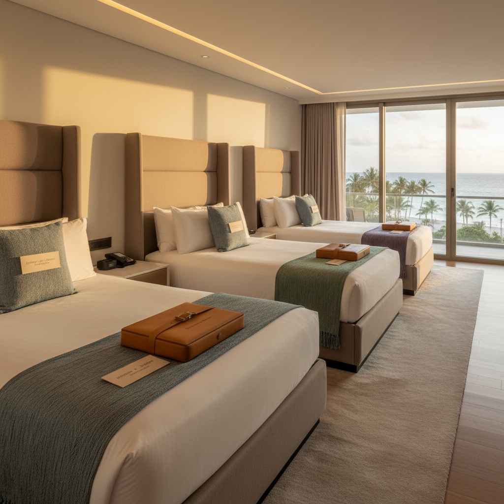 A panoramic suite interior staged for a luxury group stay: three impeccably made beds with crisp white linens, taupe upholstered headboards, and accent throws in muted jewel tones. At the foot of each bed sits a matching leather welcome kit with gold-foil stamped tags reading “Itinerary • Besties Travel Society™”. Floor-to-ceiling windows reveal a slightly blurred tropical shoreline bathed in late afternoon light. Natural light floods the room, complemented by subtle recessed ceiling lights, creating soft, even illumination and minimal shadows. Photographic realism with a clean, modern hotel aesthetic, shot from a wide, slightly elevated angle to capture the full room, conveying organized, cohesive, and elevated group accommodations.