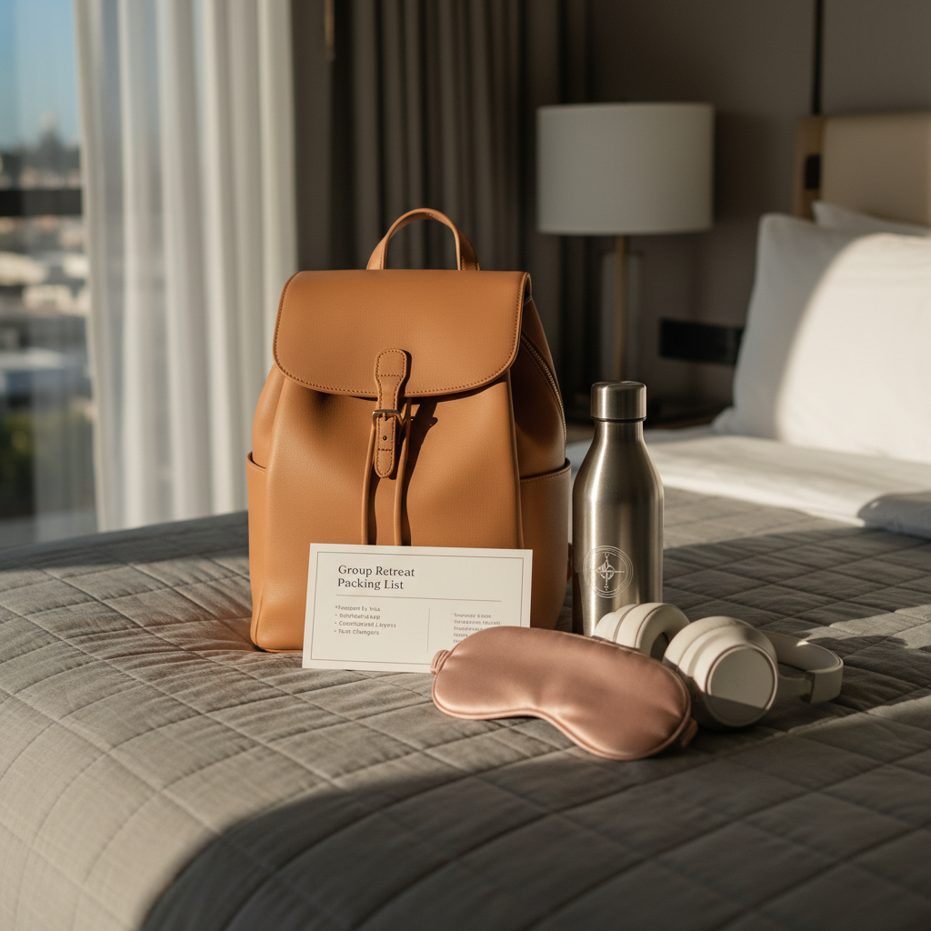 A curated selection of elevated travel accessories laid out on a plush, dove-grey hotel bedspread: a structured camel-colored leather backpack, a silk eye mask in muted blush, noise-cancelling over-ear headphones in matte ivory, and a slim stainless-steel water bottle with a subtle logo. A printed “Group Retreat Packing List” card with minimalist typography is placed neatly on top. Late afternoon sunlight filters through sheer curtains, creating delicate patterns of light and shadow on the textiles. Photographic realism with a soft, sophisticated palette, shot at a slightly elevated angle with shallow depth of field, evoking calm, comfort, and the ease of well-prepared group travel.