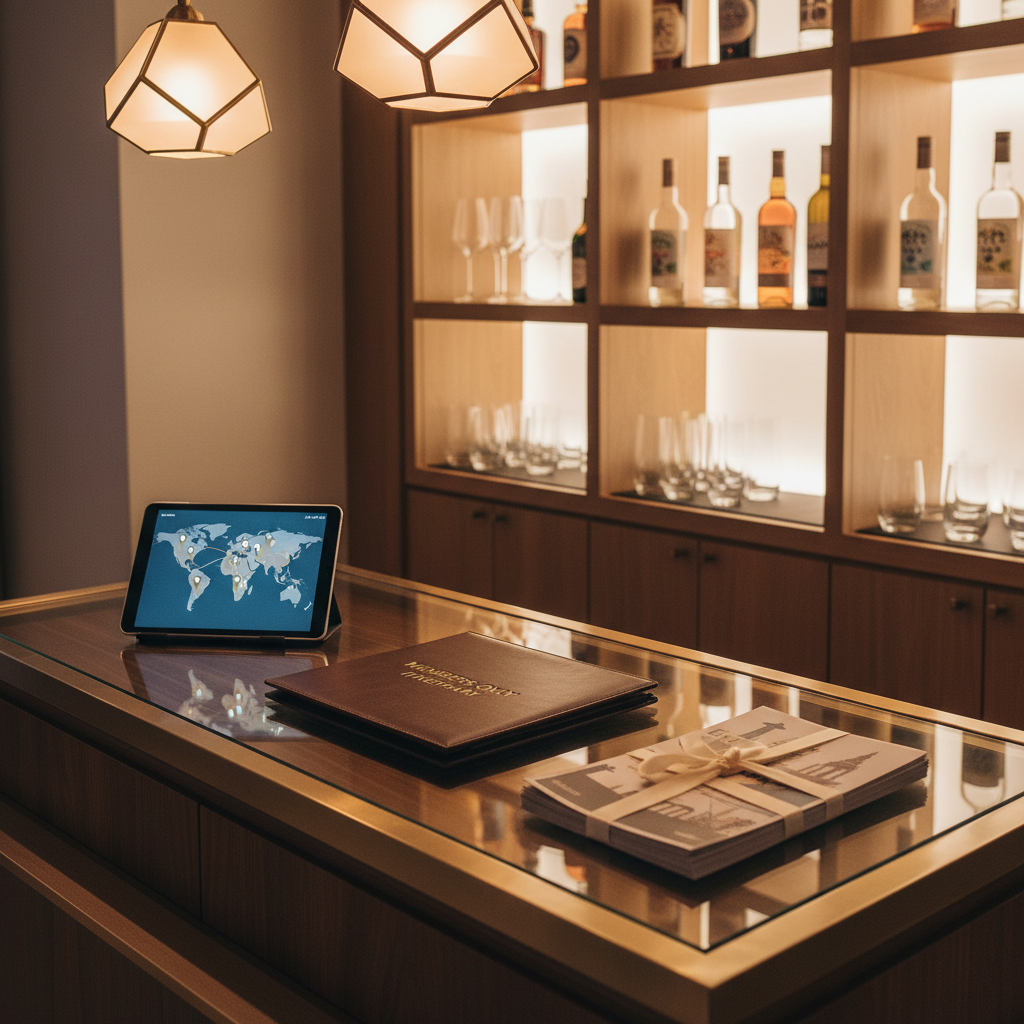 A sleek glass-top concierge desk in a boutique hotel lounge, styled as a private host hub for a group trip. On the desk: a dark leather folio embossed with “Members Only Itinerary”, a minimalist tablet displaying a stylized world map with grouped pins, and a stack of finely printed, ribbon-tied day plans. In the background, there’s a softly blurred bar shelving with curated artisanal spirits and neatly aligned glassware, all in warm neutral tones. Soft, warm pendant lighting from above creates glints on the glass and metal details, adding depth and gentle reflections. Photographic realism with a sophisticated, modern aesthetic, captured at a three-quarter angle with moderate depth of field, suggesting seamless, concierge-level organization.