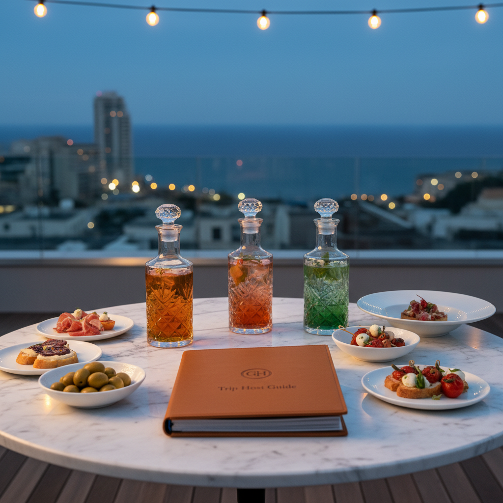 A round marble table top on a private rooftop terrace, styled for a curated group trip welcome evening. On the table: three distinct crystal carafes of artisanal drinks, minimalist white appetizer plates artfully arranged with tapas-style bites, and a structured leather-bound “Trip Host Guide” booklet with a debossed monogram. Beyond the table, the blurred horizon shows a coastal skyline and calm sea at blue hour. Discrete warm string lights above cast a soft, inviting glow with gentle reflections in the glassware. Photographic realism, captured at eye level with a shallow depth of field, creating an intimate, sophisticated ambiance that suggests exclusive, hosted group experiences without showing people.